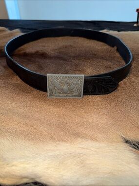Mission Black Leather Men’s Belt with Decorative Silver Buckle